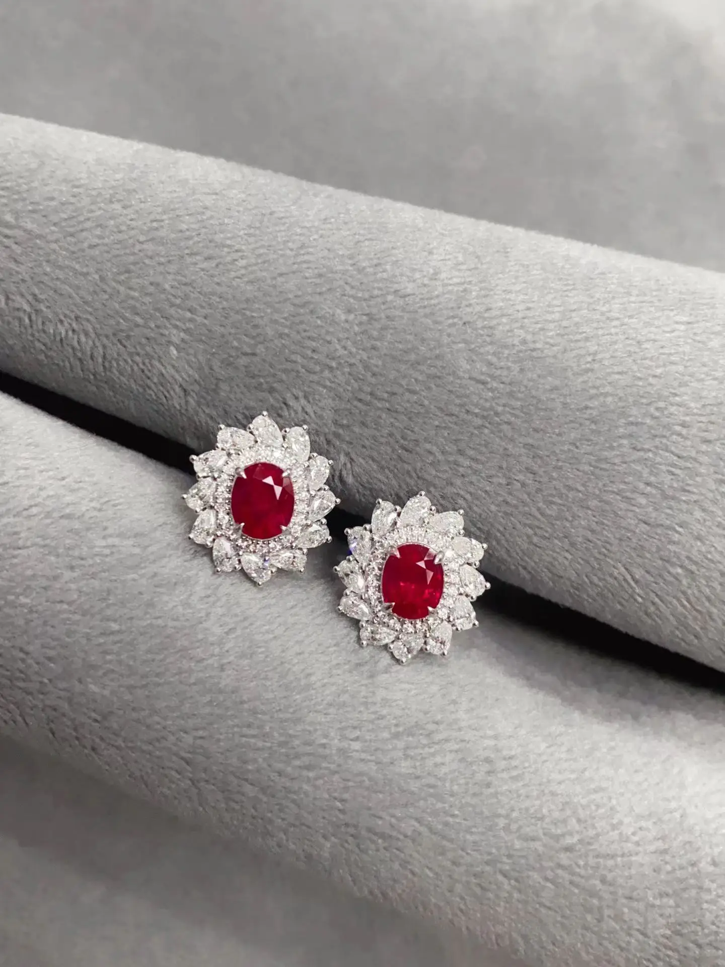 

18K Gold, Lab-Grown Unheated Pigeon’s Blood Ruby (Oval) & Lab-Grown Diamond Earrings – Custom & Wholesale Jewelry