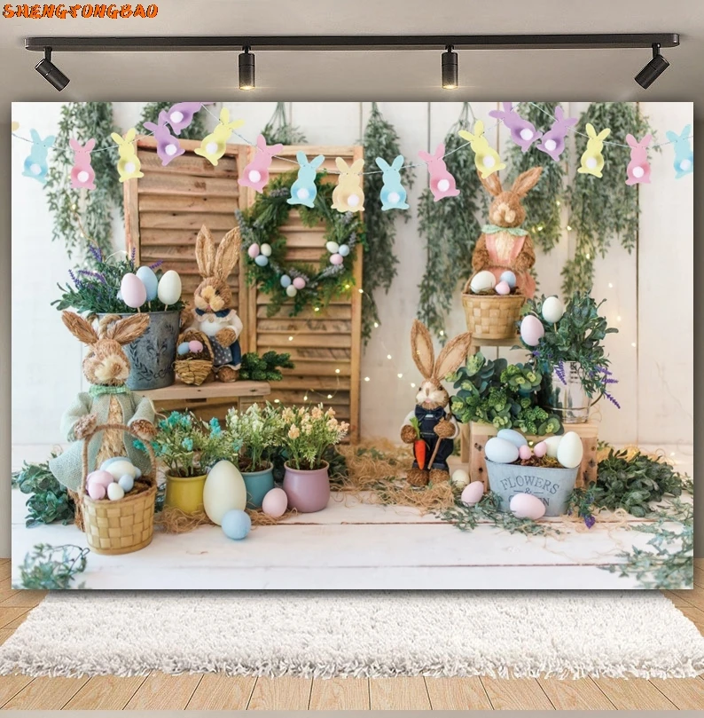 Happy Easter Backdrop Spring Easter Garden Green Grass Rabbit Flower Egg Bunny Baby Birthday Photography Background Photo Studio