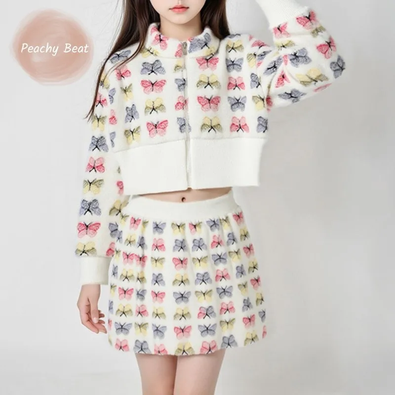 

Модная флисовая куртка с принтом бабочки для маленьких девочек + юбка, комплект детской повседневной одежды из 2 предметов, весенне-осенний наряд, одежда для малышей, От 1 до 10 лет