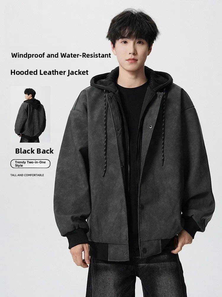 

Jeanswest Men's Hooded Leather Jaet Loose Fit Thiened Workwear Sle Winter Outerwear Casual Faion Polyester Fiber