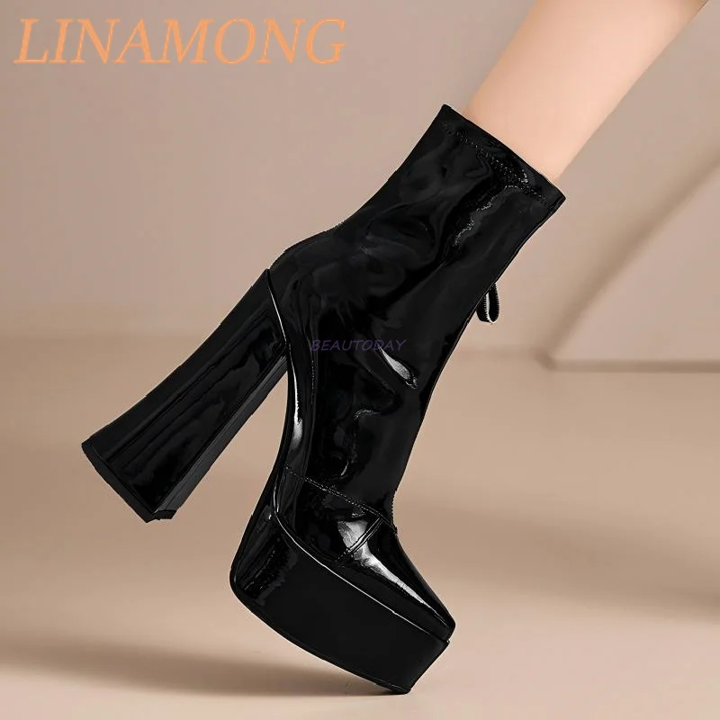 Stivaletti corti con cerniera laterale a punta affilata Tacco spesso Temperamento in pelle lucida Stivaletti corti versatili Stivali con tacco alto con suola spessa