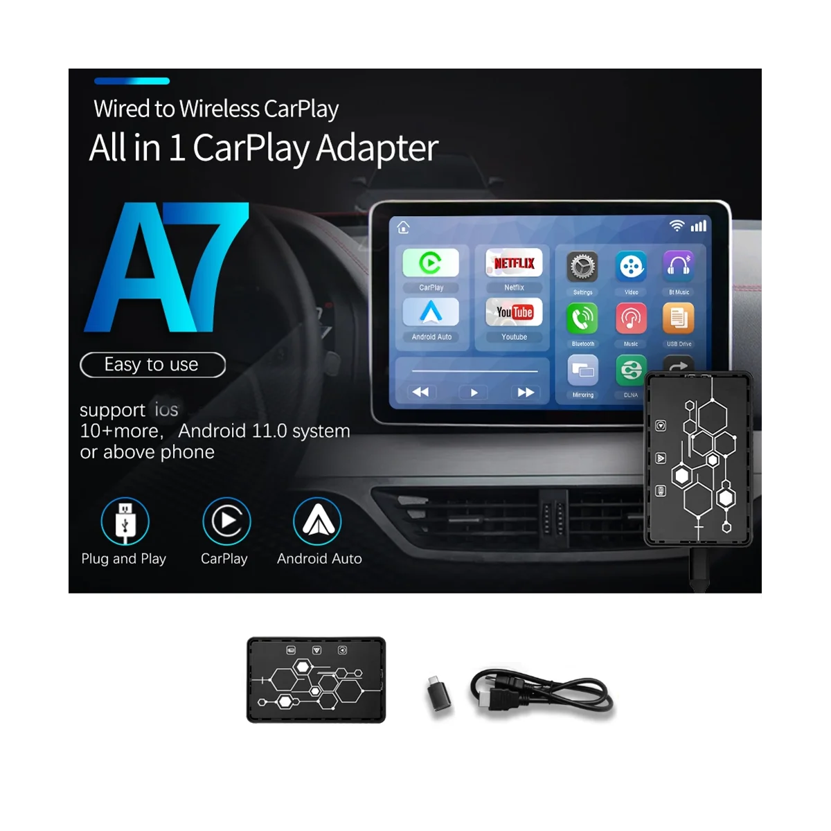 Carplay Box Wired to Wireless Android Auto 3 in 1 Adapter Smart Ai Box Plug and Pla