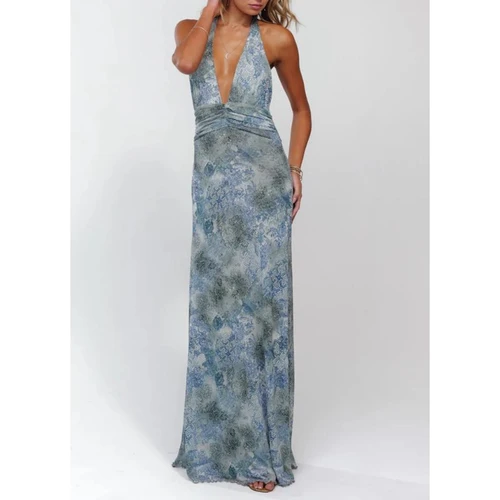 Vestido largo sin mangas de verano para mujer, con cuello en V profundo y espalda descubierta, estampado de flores/puntos, dobladillo con volantes, cintura fruncida de malla, corte en A