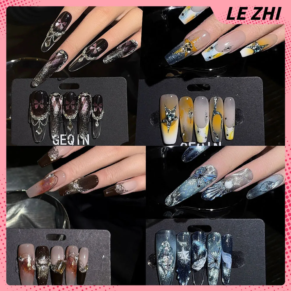 Dreamy Gorgeous Style Glitter Diamond Handmade Nail Patch Cat's Eye Pearl Lace Chain Long Press On Nails Birthday Gift Stickers