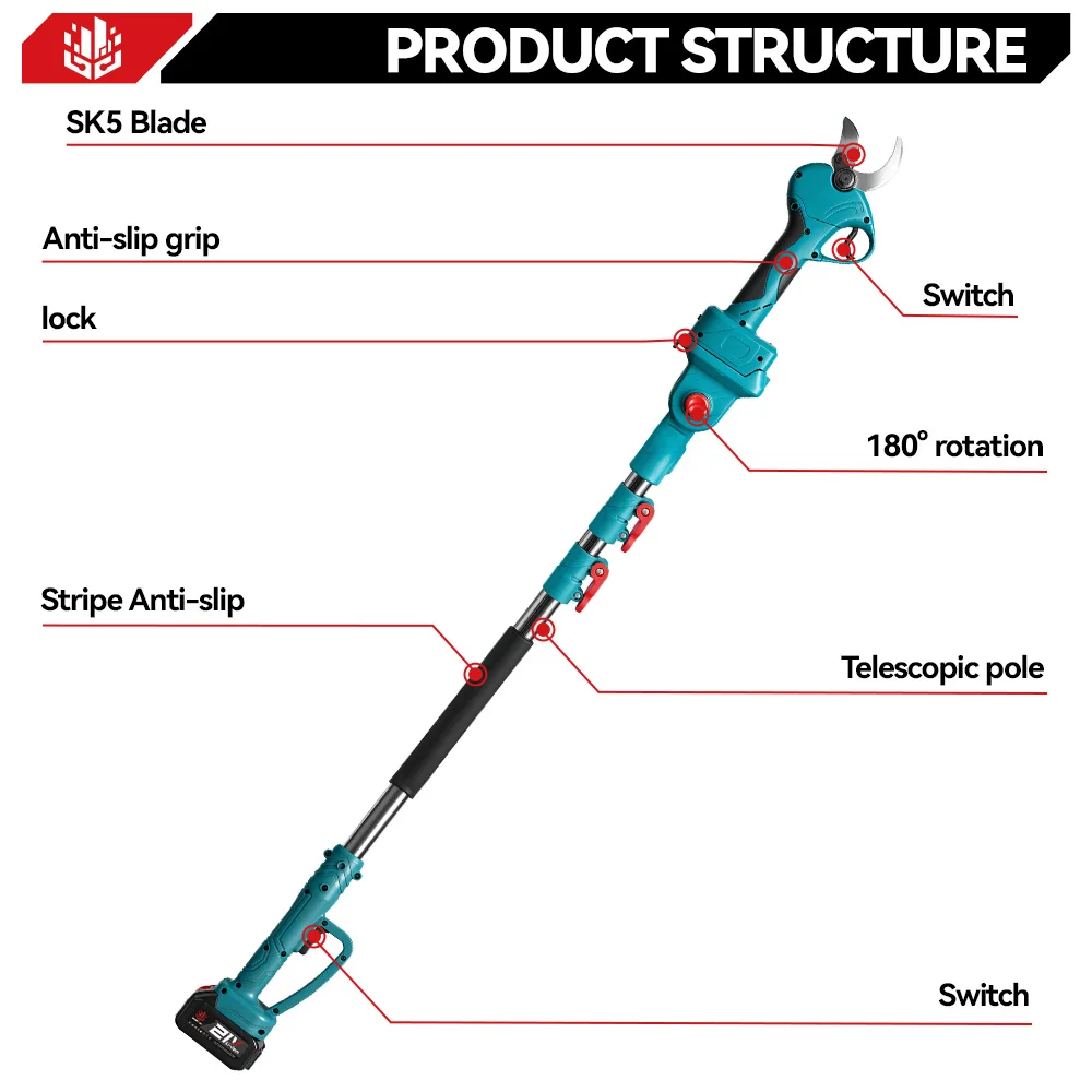 ONEVAN 45MM Brushless Telescoping Pole Electric Pruning Shear 2 IN 1 High Branch Garden Power Tool For 21V 18V Battery