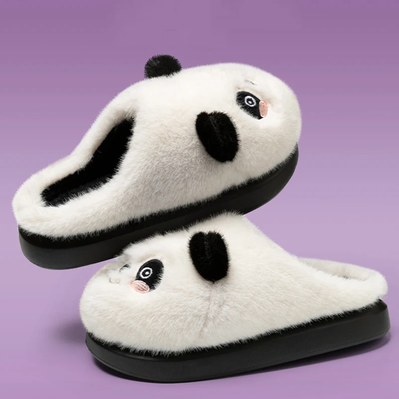 Winter Cartoon Panda Fur Slippers Women Comfortable Fuzzy Warm Cotton Slipper Woman Non Slip Sole Fluffy Furry Slides Shoes