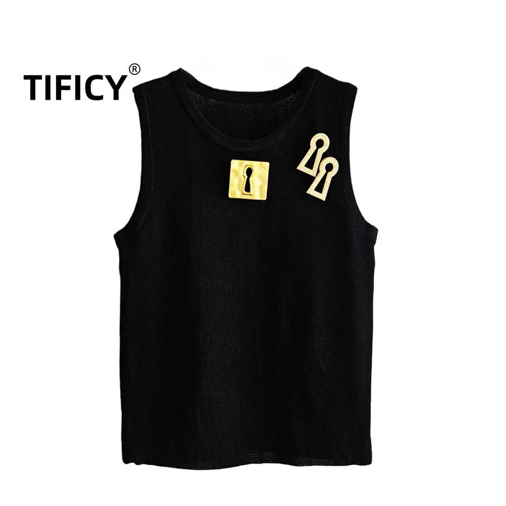 High Street Retro Metal Buckle Heavy Industry Keyhole Decoration Sleeveless Tanks Women's Slim Fit Knitted Sweater Tank Top