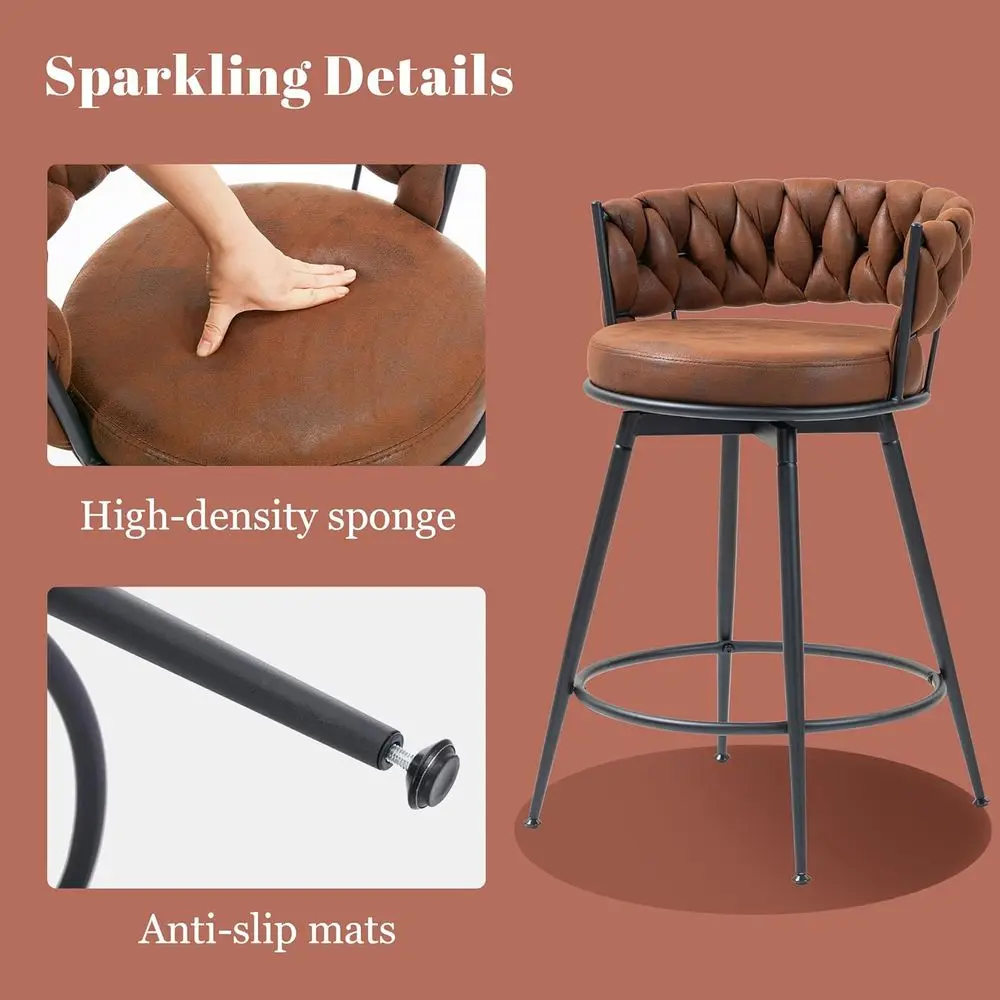 เก้าอี้บาร์หมุนได้ 3 ชิ้น 24 นิ้ว พร้อมพนักพิงทอและเบาะหนังกลับ โครงโลหะและที่วางเท้า เหมาะสำหรับห้องครัว I