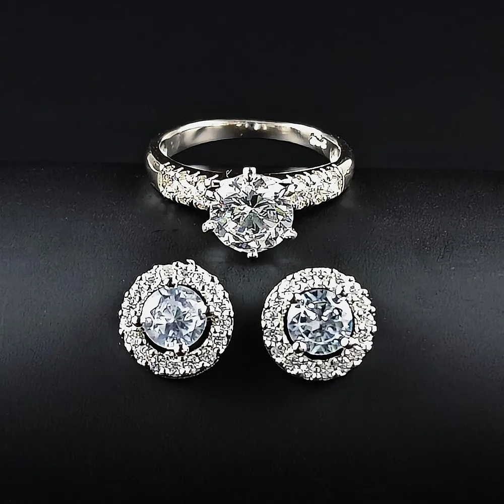 2023 New Arrivals Ring Earrings Set 925 Sterling Silver for Women Round 7mm Zircon Wholesale Engagement Weddding Ring Jewelry