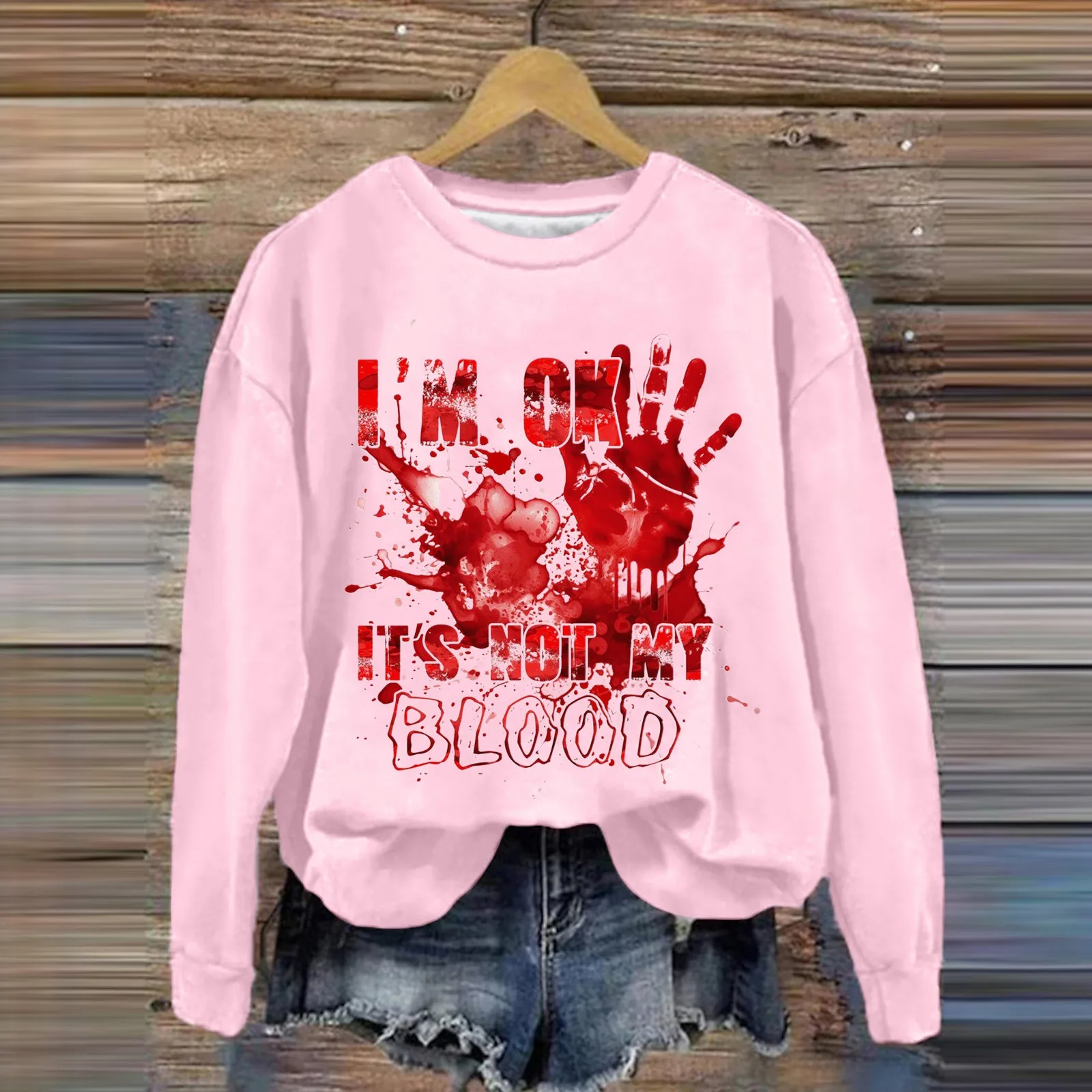 

Women'S Halloween Hoodie Bloody Handprint Letter Printed Hoodie Round Neck Long Sleeve Casual Jumper Fashion Trend Hoodies