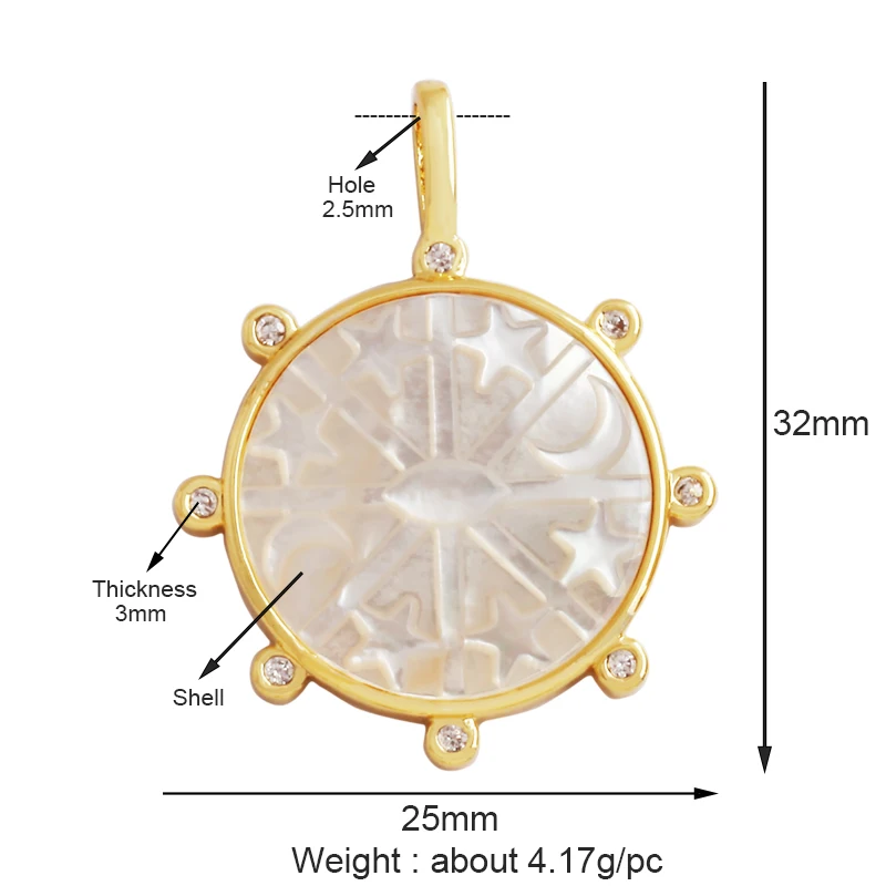 Kompass, glänzender Sonne, Mond, Stern, Muschel-Charm-Anhänger, 18 Karat vergoldetes Gold, eingelegter Zirkonia, Schmuck, Halskette, Armband, Zubehör S45 – Detail 10
