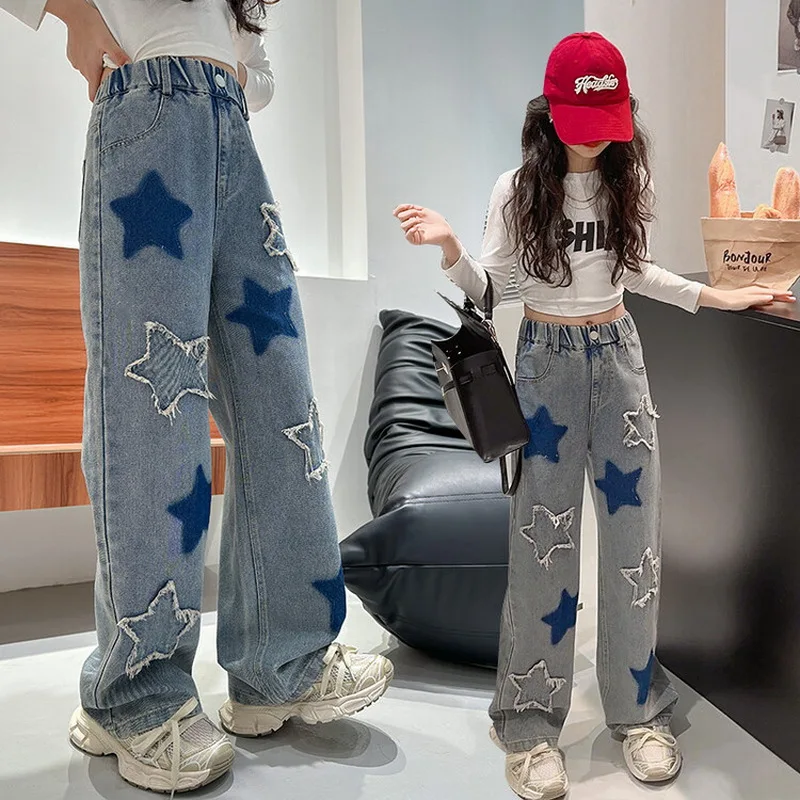 Baby Girls Loose Pants 2024 Spring Autumn New Fashion Side Five-Pointed Star Design Pants Children Trousers Kids 5 7 9 11 13 14Y