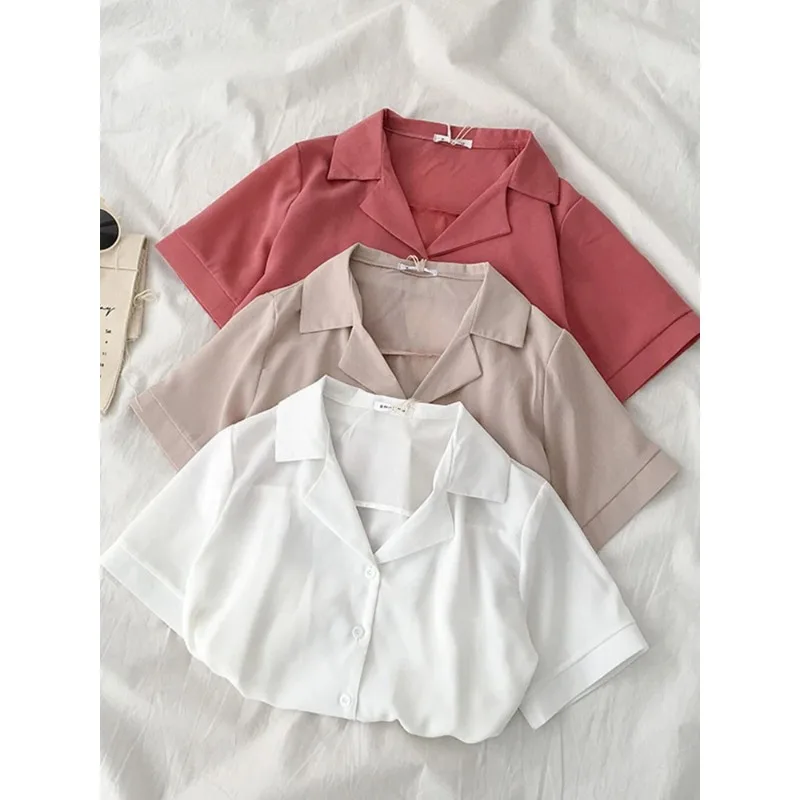 

Fashion Notched Collar Chiffon Female T Shirts Single Breasted Short Sleeve Loose Solid-Color Women Blouses Summer
