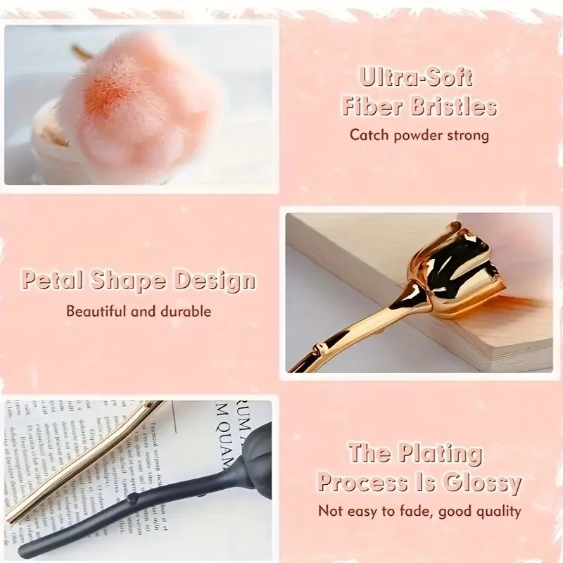Juego de pinceles de oro rosa de 2 piezas |   Brocha de maquillaje en polvo y rubor de doble cabezal (negro/dorado) |   Cepillo facial grande y esponjoso para mejillas y ajuste