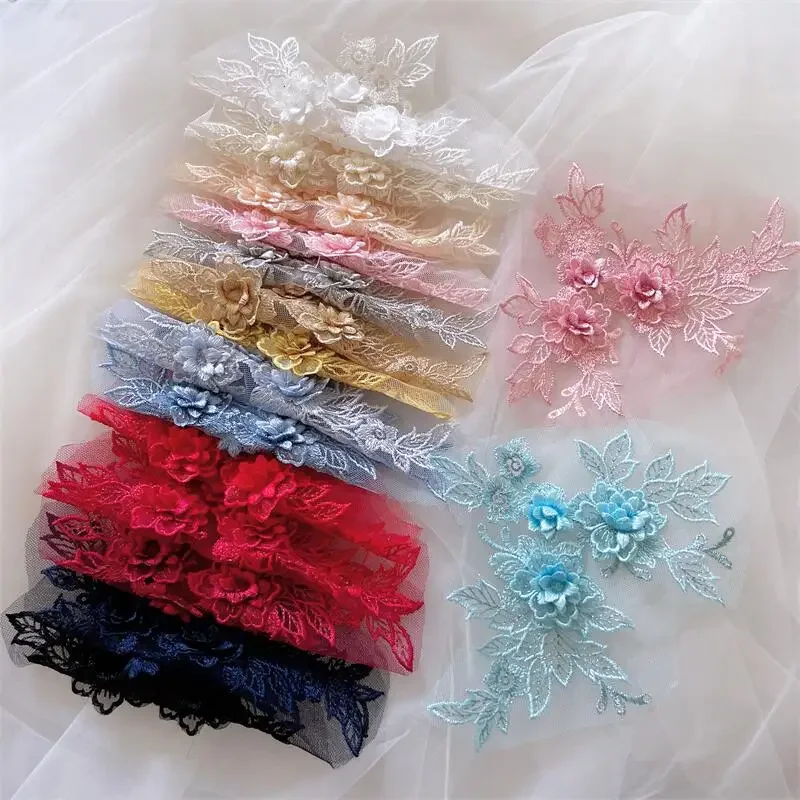

10Pieces/5Pair 3D Wedding Dress Lace Applique DIY Craft Flower Patch Garment Auxiliary Material Gold Blue Patch RS0446