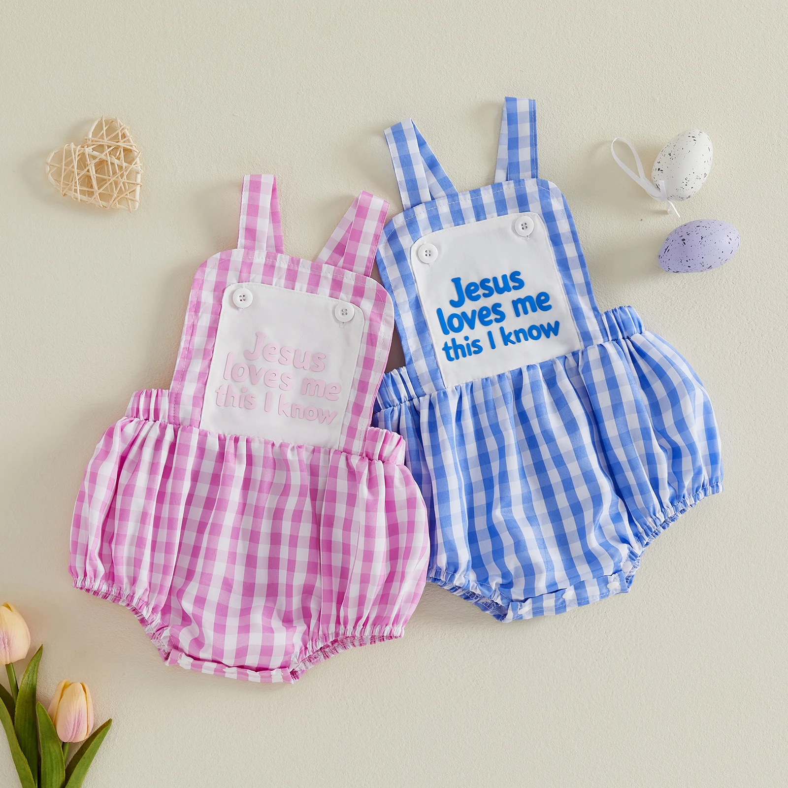 Summer Easter Infant Baby Girls Plaid Bodysuit Sleeveless Letter Print Bubble Overalls Clothes