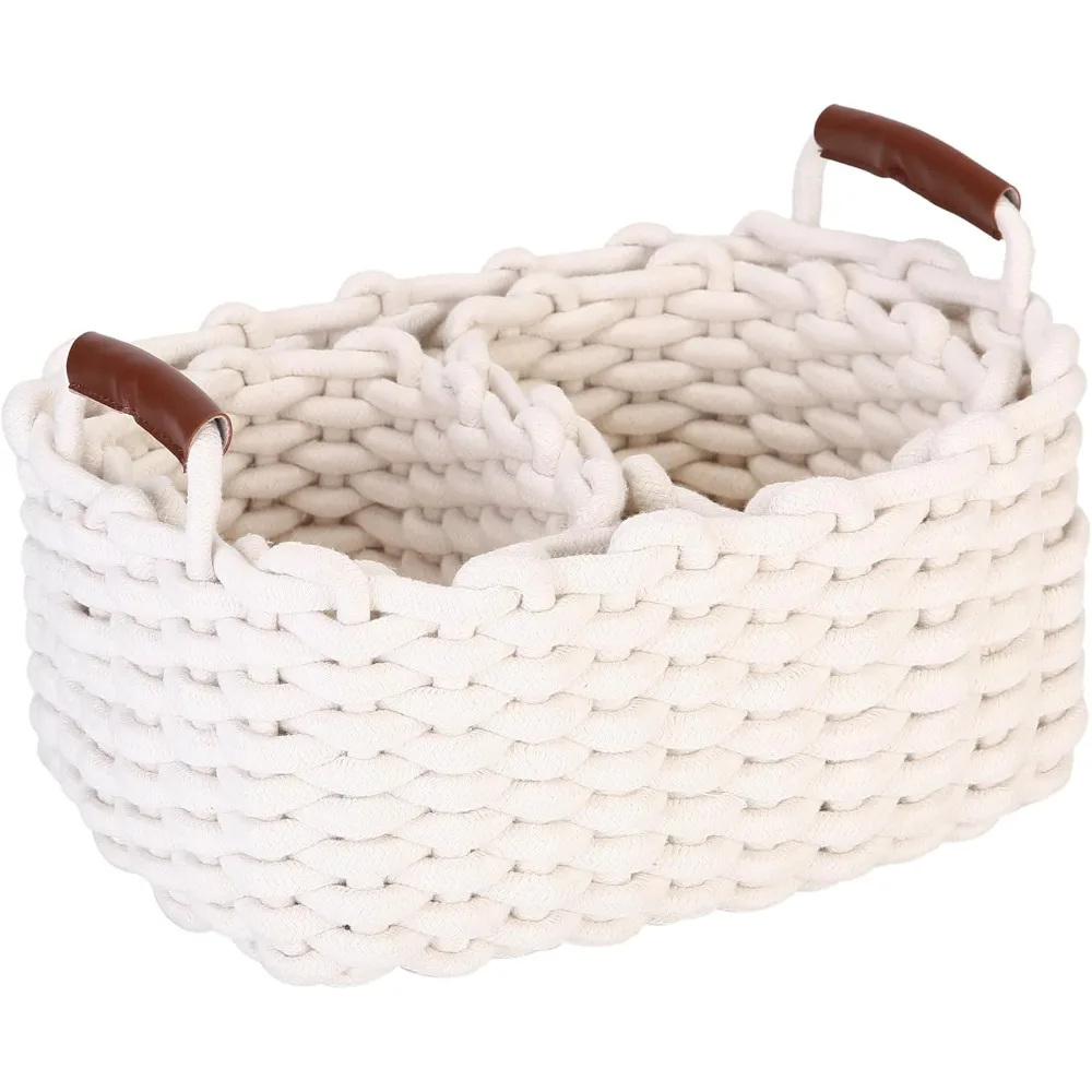 

Three Pack Rectangle Woven Cotton Rope Storage Baskets with Handles Shelf Closet Organizer Set White