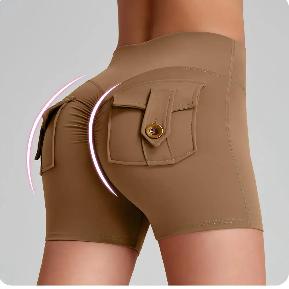 شورت يوجا بجيب شحن عالي الخصر من Euro Hottie - زر رفع الأرداف الخوخي يسمح بالتهوية وسريع الجفاف للياقة البدنية والجري بيلاتيس