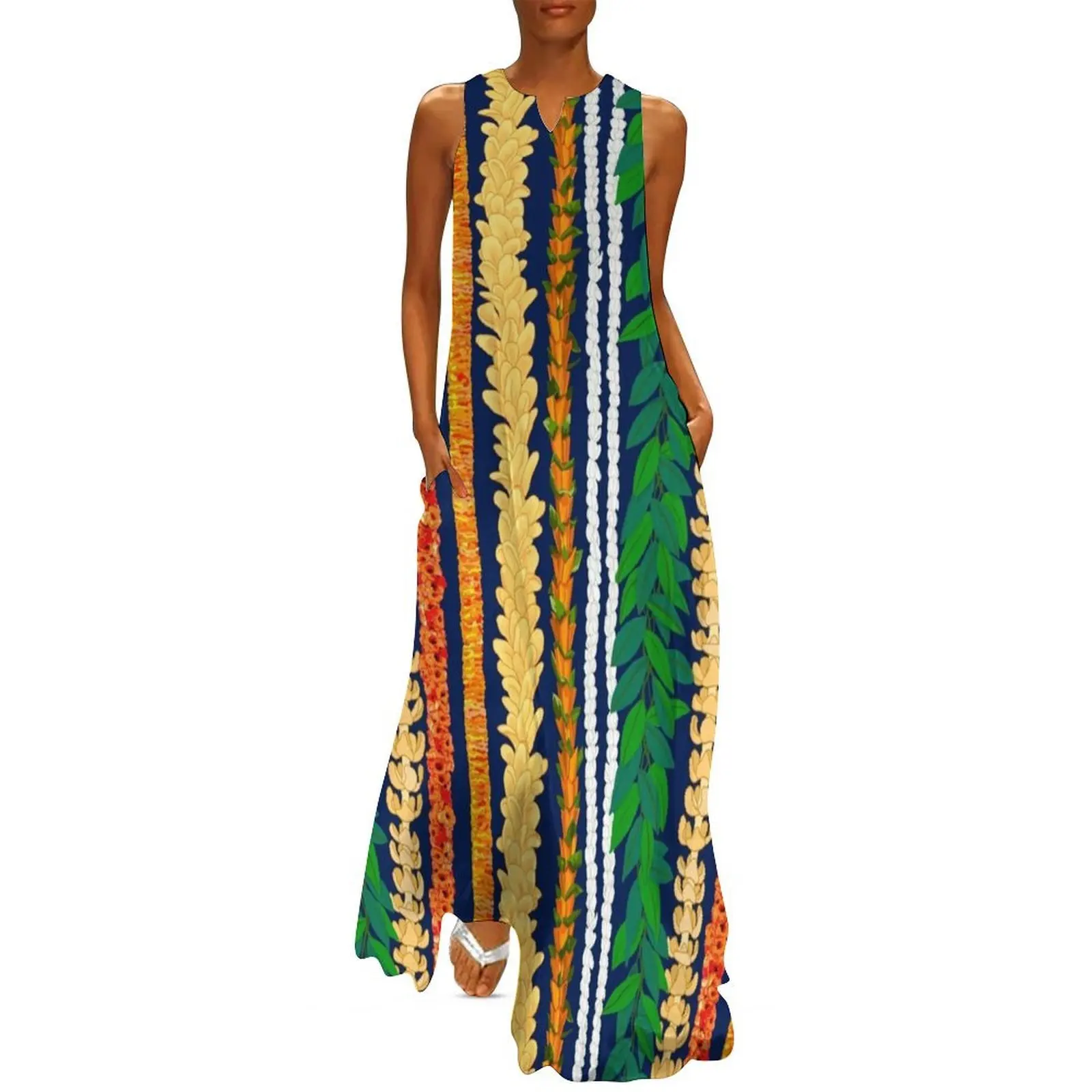 

Hawaiian Flower Lei Stand-on Navy Long Dress dresses for womens 2025 summer dress womens 2025 Dress for girls