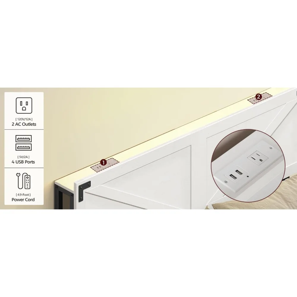 لوح رأسي بحجم كينج على طراز Farmhouse مع منافذ مدمجة ومنافذ USB وإضاءة LED وتخزين آمن