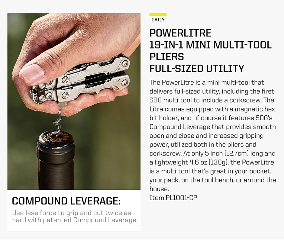 SOG PowerLitre Mini Multitool-Zange mit 19 Leichtgewichtswerkzeugen EDC Kompaktes Taschenwerkzeug mit Klappmesser, Korkenzieher und Schraubendreher – Detail 2