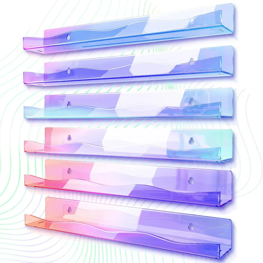 2/4Pcs Acrylic Floating Shelves Colorful Display Stand Rainbow Iridescent Wall Rack Shelf Office Storage Bookshelf Wall Hanging