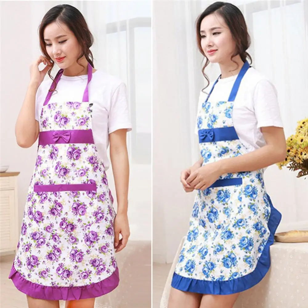 Floral Print Bowknot Women Bib Kitchen Apron Oil-Proof Cooking Apron Restaurant Cooking Dress Aprons Household Cleaning Apron