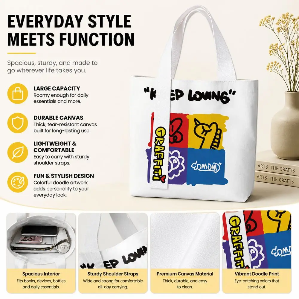 Durable Graffiti Style Canvas Bag Large Capacity Lightweight Tote Bag Versatile Reusable Shopping Bag Women's Accessories
