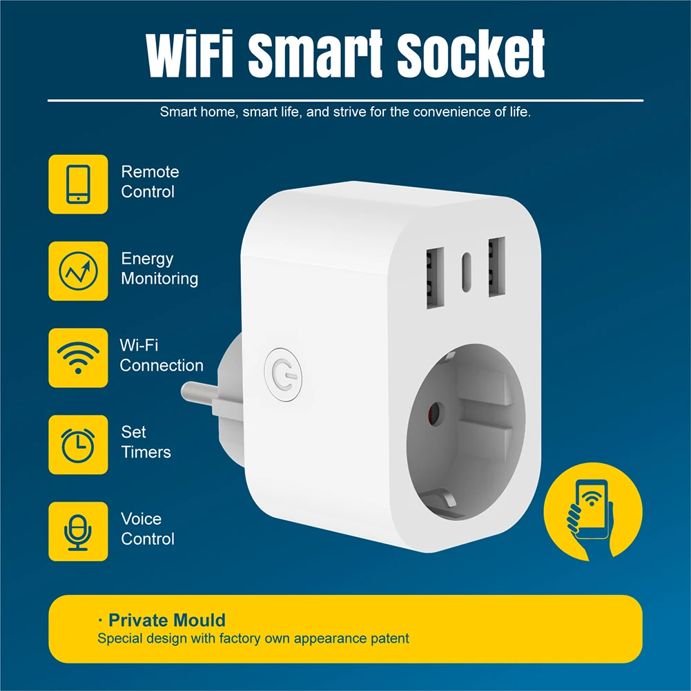 ل Tuya Wifi مأخذ (فيشة) ذكي 16A EUPlug مع نوع C USB-A شاحن ميناء المنزل المقبس تمديد محول العمل مع Alexas Googles