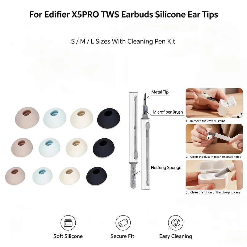 For Edifier X5 Pro TWS Earbuds Soft Silicone Replacement EarTips S/M/LSizes Noise‑Isolating Sweat‑Resistant WithCleaning Pen Kit