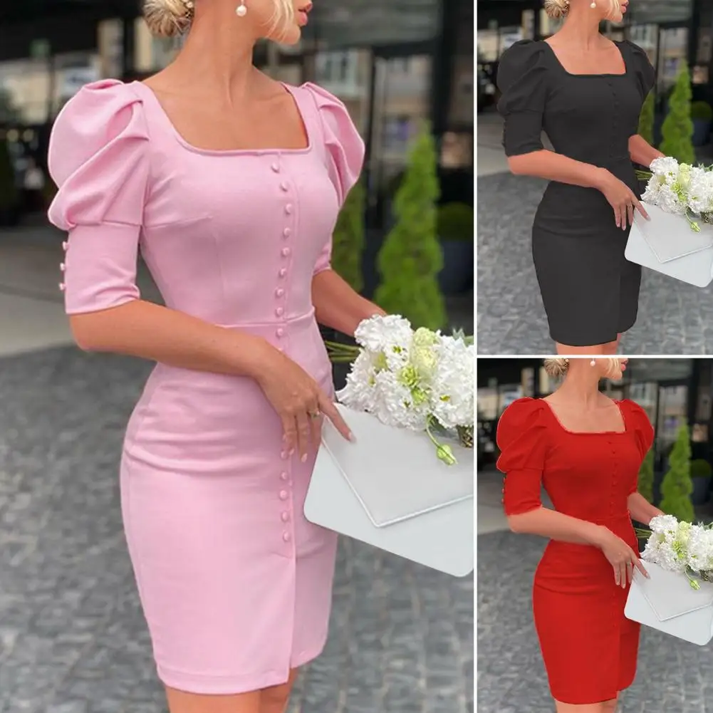 

Women Spring Elegant Square Collar Office Dress 2023 Summer Puff Shoulder Buttoned Mini Dress Lady Solid Slim Bodycon Sexy Dress