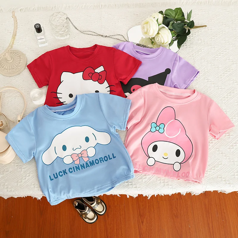 Kawaii Sanrio Summer Kids Suit Kuromi Cinnamoroll Hello Kitty My Melody Pajamas Girl Pants Clothes Set Children Nightgown Anime