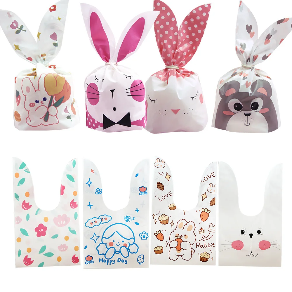 10/20pcs Cute Rabbit Ear Bags Plastic Cookie Candy Gift Bags For Easter Party Biscuits Snack Baking Packing Supplies Kids Gifts