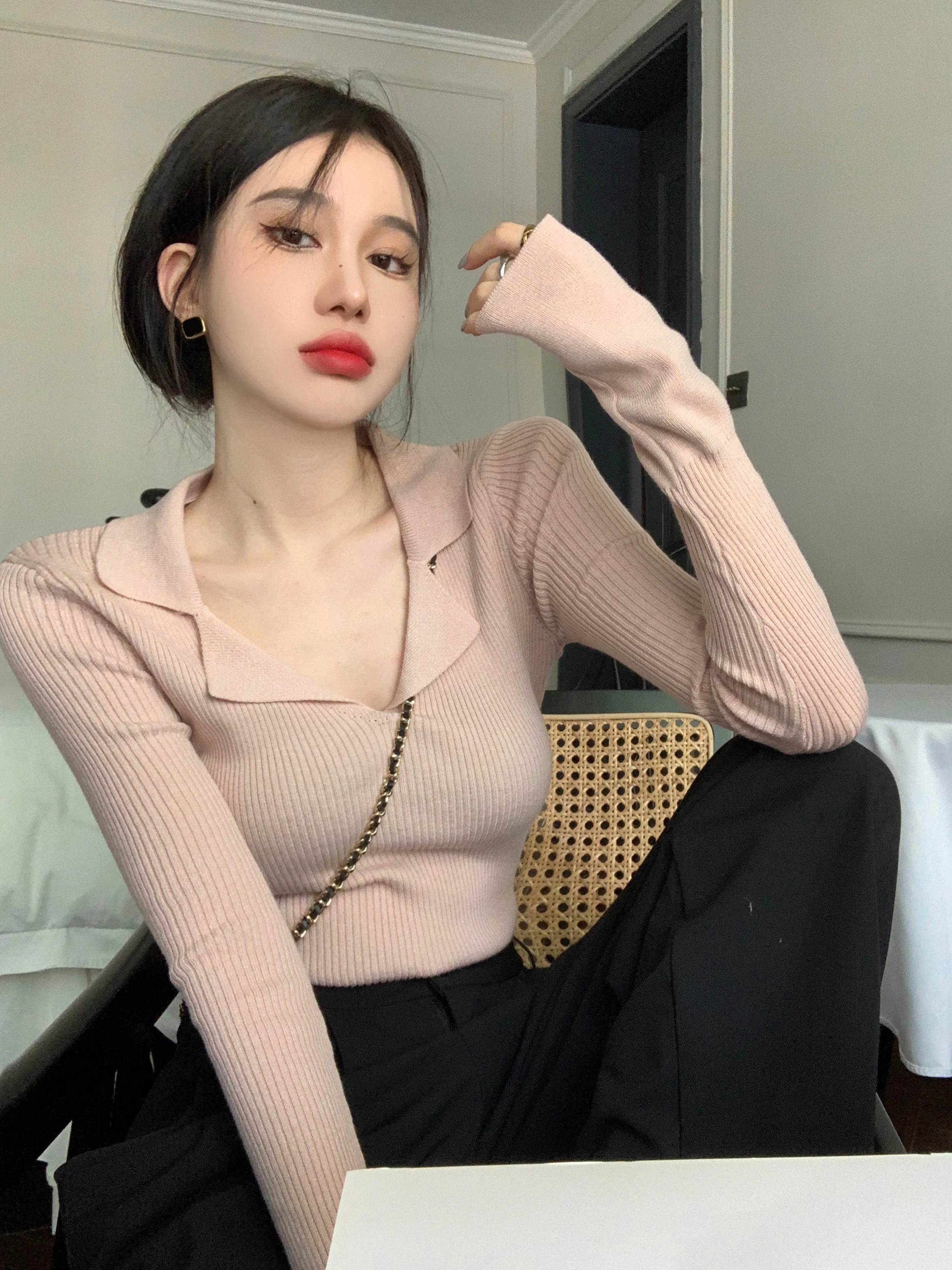 

Осенний новый однотонный тонкий вязаный женский пуловер, простой базовый повседневный женский пуловер, модный базовый сладкий розовый темно-серый топ