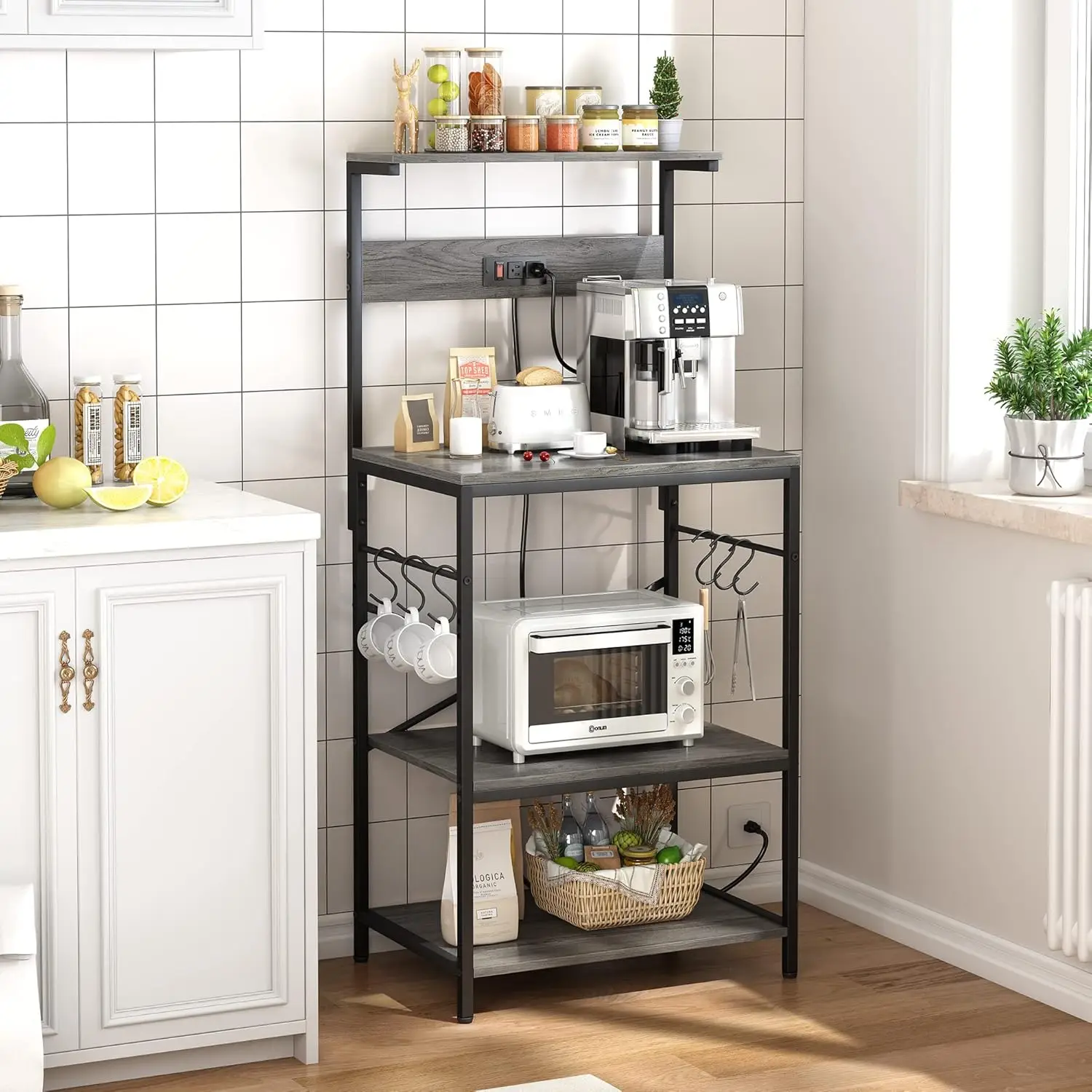 Kitchen Bakers Rack with Power Outlet, Coffee Bar Table 4 Tiers, Kitchen Microwave Stand with 6 S-Shaped Hooks, Kitche