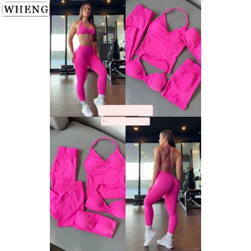 

WHENG Gym Set Women Two Piece Strappy Yoga Bra Top Workout Scrunch Leggings Suit Fitness Clothes Seamless Sportswear Set 2Pcs
