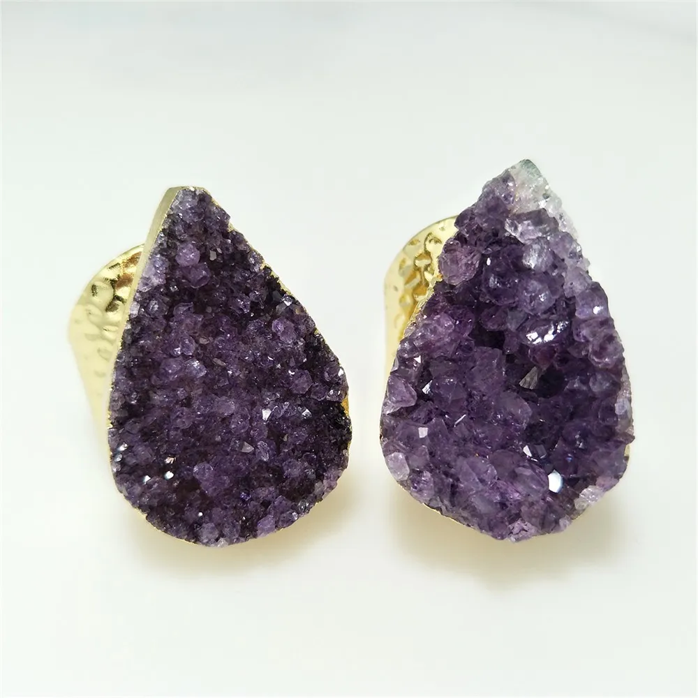 1Pc Natural Water Drop Amethyst Cluster Ring,Golden/Silvery Plated Semi Precious Stone Jewelry For Valentine\'s Day Gift RG043
