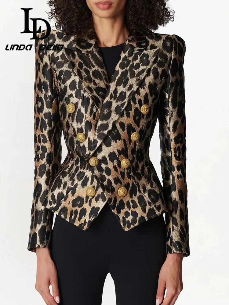 LD LINDA DELLA Autumn winter Vintage Fashion Coat Women long sleeve Leopard Print Double-breasted Intersect Slim Fit Travel Coat