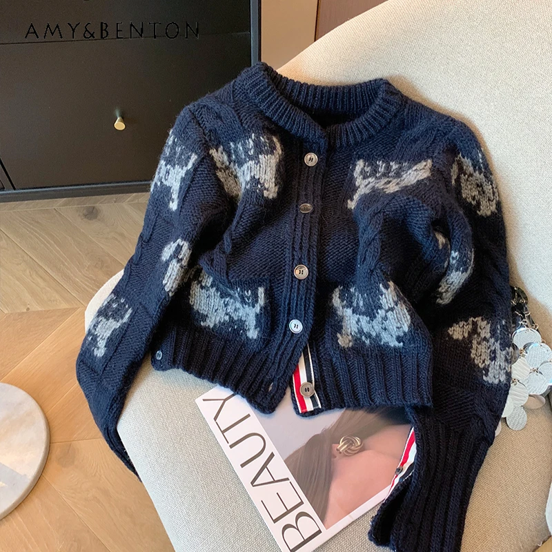 

Japanese Autumn and Winter College Style Soft Waxy Versatile and Thin Sweater Puppy Print Knitted Cardigan Jacket For Female