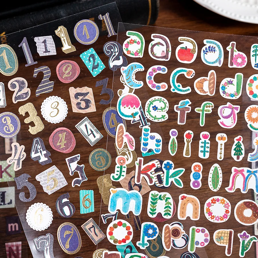 6pcs Retro Alphabet Number Deco Stickers for Scrapbooking Handbook Graffiti Colorful English Letter Stickers Stationery Decal