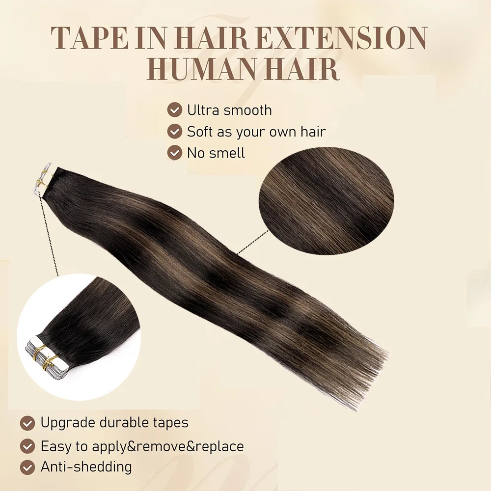 Tape in Hair Extensions Human Hair Seamless Tape in Extensions Natural Black to Chestnut Brown Balayage #T1B/P6/1B For Women 50g