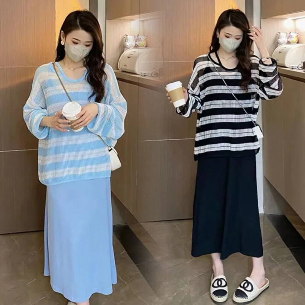 

Pregnant Clothes Summer Ice Silk Striped Hollowed Out Sun Protection Clothes and Summer Suspender Pregnancy Dress Two-piece Set