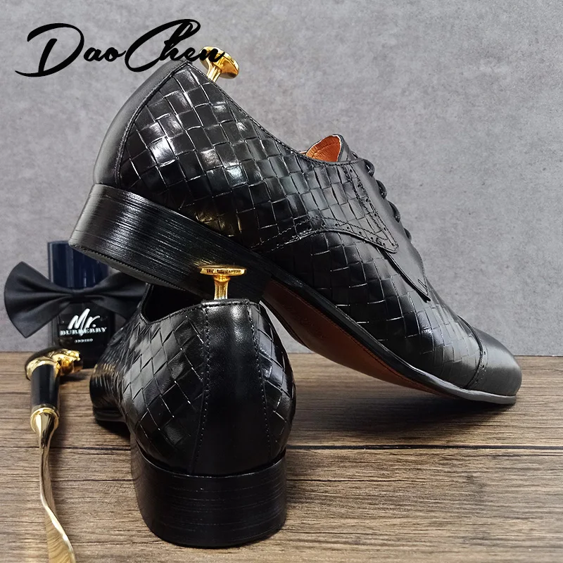 Luxury Men Shoes Lace Up Pointed Toe Black Brown Plait Formal Derby Mens Office Business Wedding Dress Leather Shoes Men