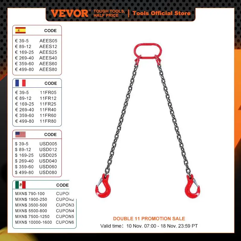 VEVOR 3T 5ft Lifting Sling Chain 5/16 inch G80 Lifting Chains with 2 Leg Grab Hooks for Engine Hoist Engine Lift Chain