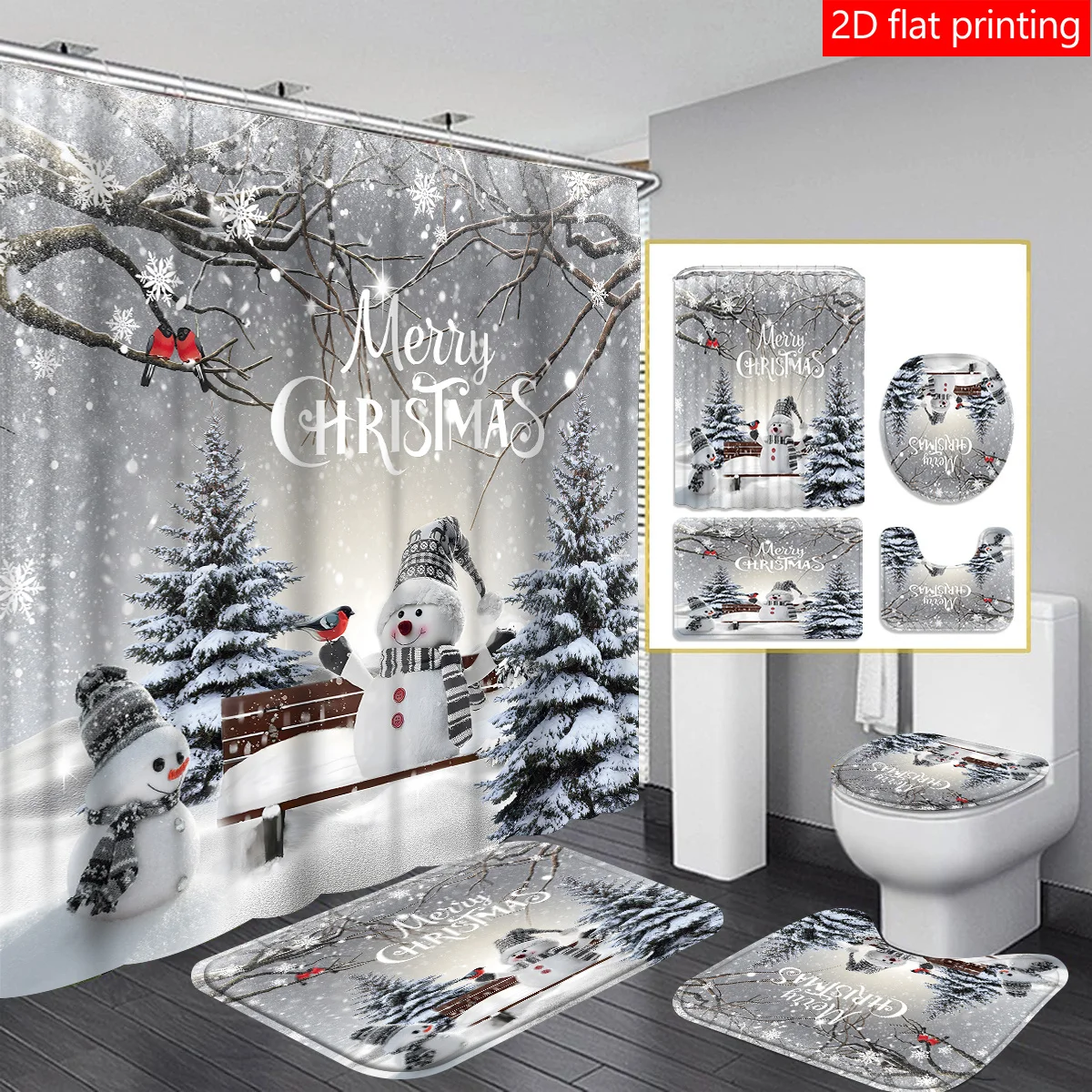 

4pcs Christmas snowman Christmas hat Shower curtain decoration, beautiful housewarming gift modern home decoration, waterproof s