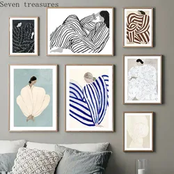 Abstract Woman Artwork Canvas Print Cool Color Vintage Painting Nordic Poster  Line Art Drawing Wall Picture Modern Home Decor