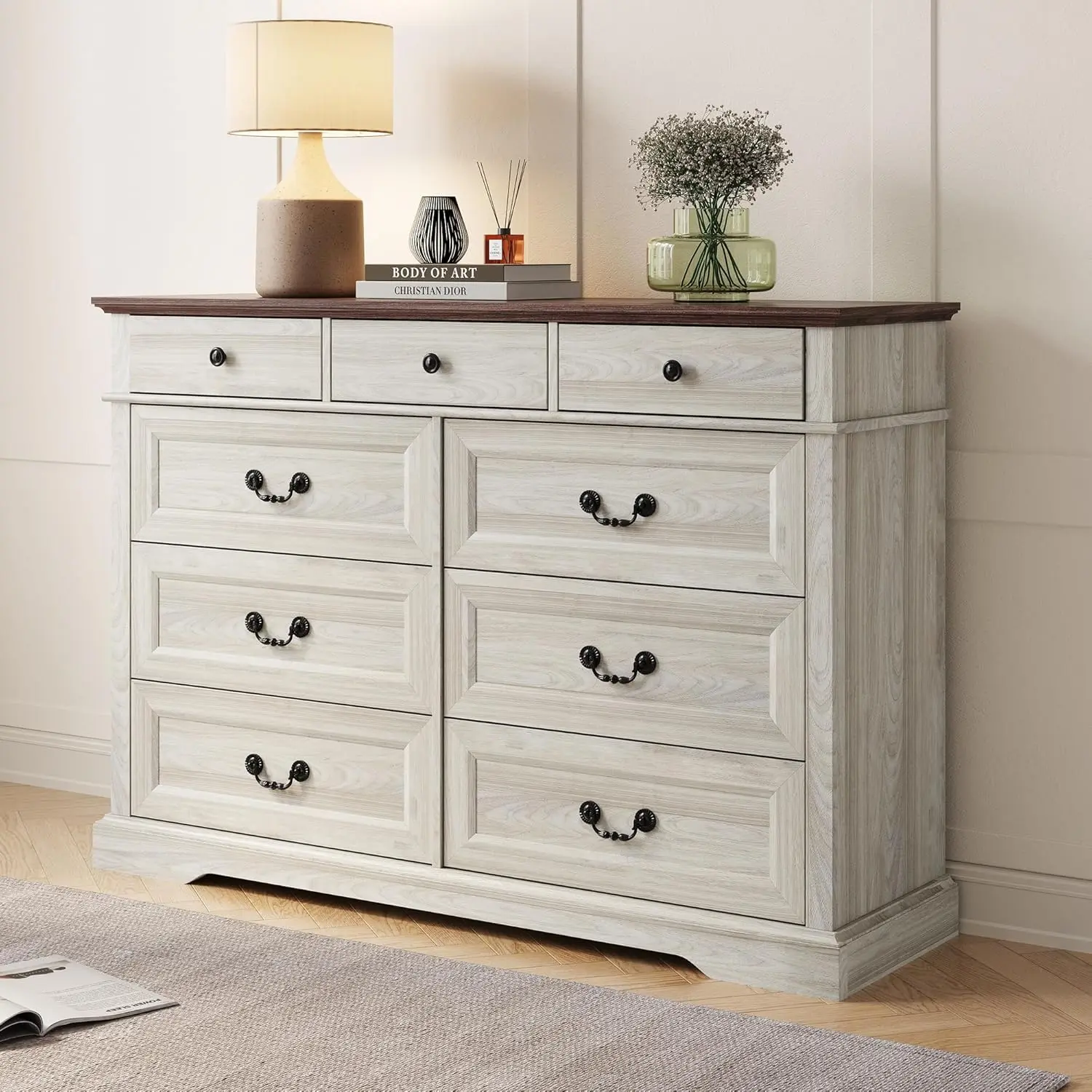 Linsy Home Farmhouse 9 Drawers Dresser, White Wood Dresser For Bedroom Wide Chest Of Drawers, French Country Storage Double