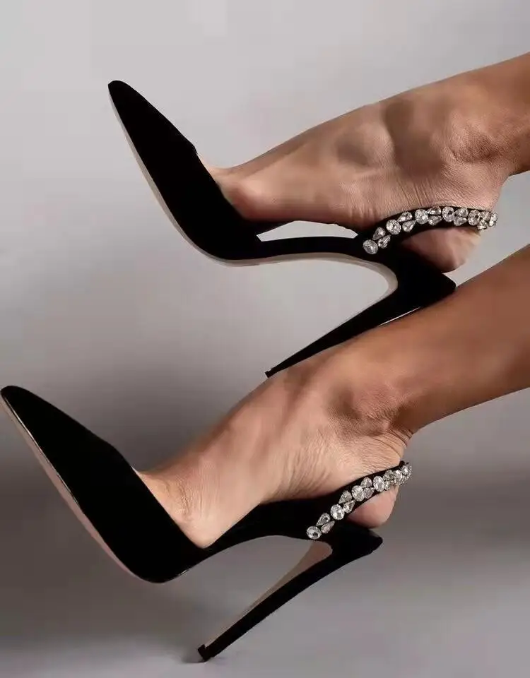 New Rose Red Water Diamond High Heels for Women with Thin Heels, Pointed Toes, and Headbands, Wearing Cold Slippers Outside