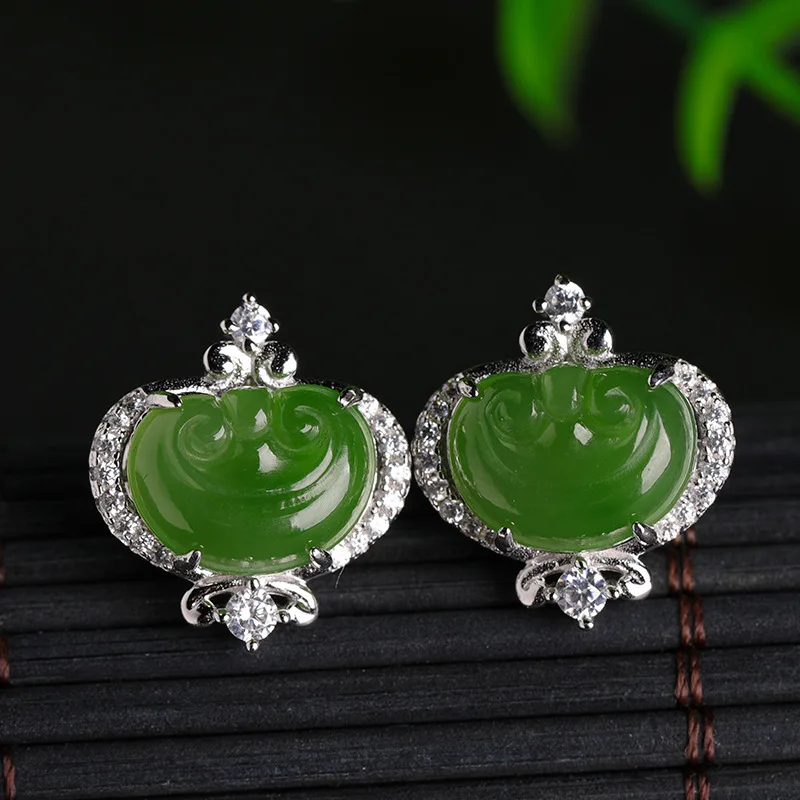 

Natural Jade Earrings Spinach Green 925 Silver Inlaid Hetian Jasper Fashion Ruyi Women's Jewelry Earrings with Certificate