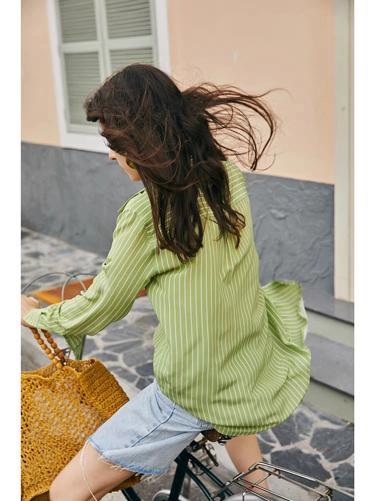 SuyaDream,Woman Striped Shirts, 100%Silk Crepe, Long Sleeves, Green Blouses, 2024 Spring Summer Casual Top